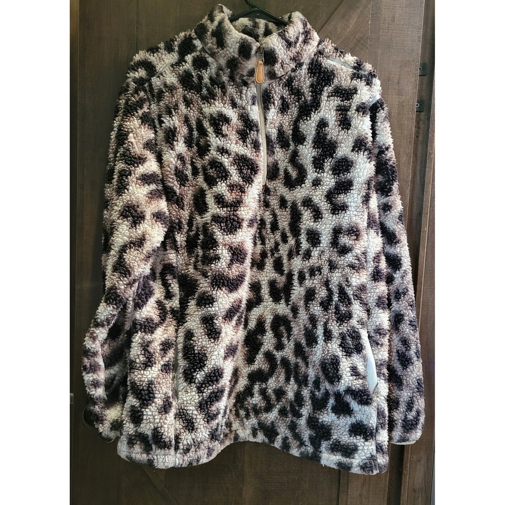 Pink Lily Womens Leopard Print Sherpa Fleece Quarter Zip Pullover Brown Medium